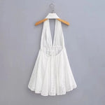 Foridol White Beach Summer Dress Women Backless Cotton Lace Short Autumn Sundress Women Clothing Halter A-line Pleated Dress