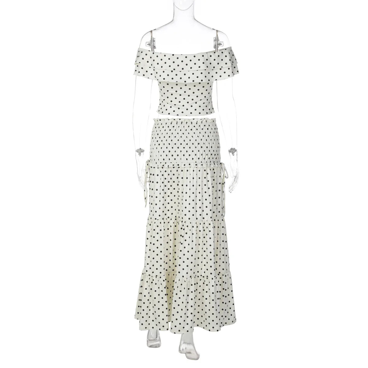 FDYOUI Woman Clothing Polka Dot Crop Tops and Lace-up Skirt Two Piece Sets Female Elegant Slash Neck Long Vacation Dresses Suit