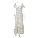 FDYOUI Woman Clothing Polka Dot Crop Tops and Lace-up Skirt Two Piece Sets Female Elegant Slash Neck Long Vacation Dresses Suit