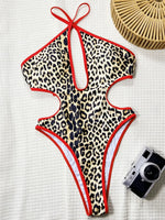 Splicing Leopard Hollow Out Women Swimwear One Piece Swimsuit Female Backless Monokini High Leg Cut Bathing Suit Swim Bodysuit