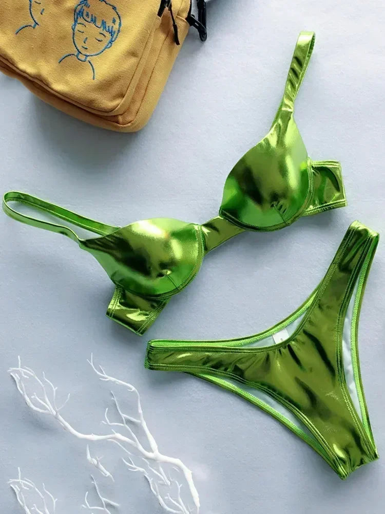 Shiny PU Faux Leather Bikini 2026 Push Up Swimsuit Women Swimwear Female Two-pieces Bikini set Bra Cup Bather Bathing Suit Swim