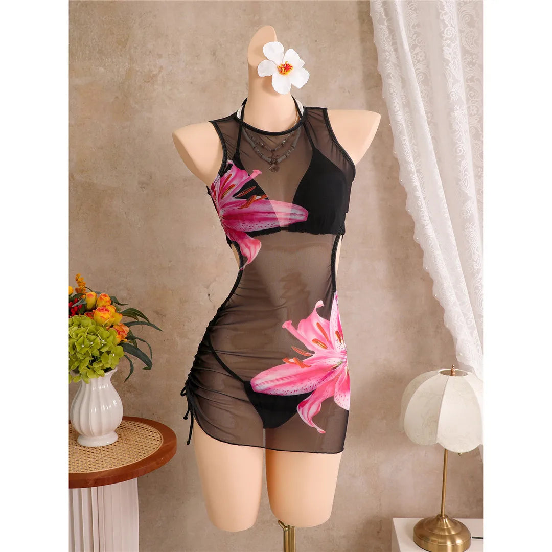 With Cover Up Flower Printed Halter Bikini Women Swimwear Female Swimsuit Three-Pieces Bikini Set Bather Bathing Suit Swim V8253