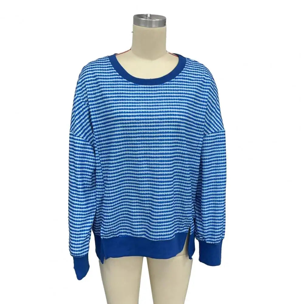 Long Sleeve Crewneck T-Shirt Split Hem Women Striped Oversized Sweatshirt Waffle Knitted Tunic Top Casual Women Sweater
