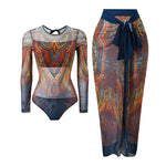 S - XXL Printed Long Sleeve With Sarong One Piece Swimsuit Women Swimwear Female Flowers Padded Bather Bathing Suit Swim K7181