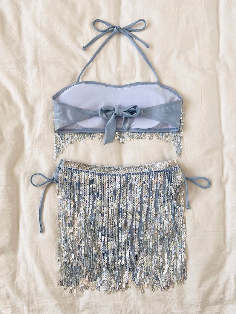 Shiny Glitter Bikini Set 2025 Women Sexy Bandeau Push Up Sequin Tassel Swimsuit Ladies Beach Bathing Suit High Waist Swimwear
