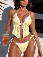 Sexy Triangle Bikini Set Women Yellow Lace Front Tie Push Up Crop Top Micro Swimsuit 2026 Summer Bathing Suit Holiday Swimwear