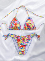 Women Cute Bikini Set 2025 New Summer Orange Floral Print Halter Ruffles Push Up Tie Side Thong Swimsuit Bathing Suit