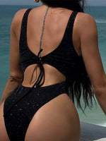 Glitter Sparkling Cut Out Backless One Piece Swimsuit Women Swimwear Female High Cut Leg Padded Bather Bathing Suit Swim V6493