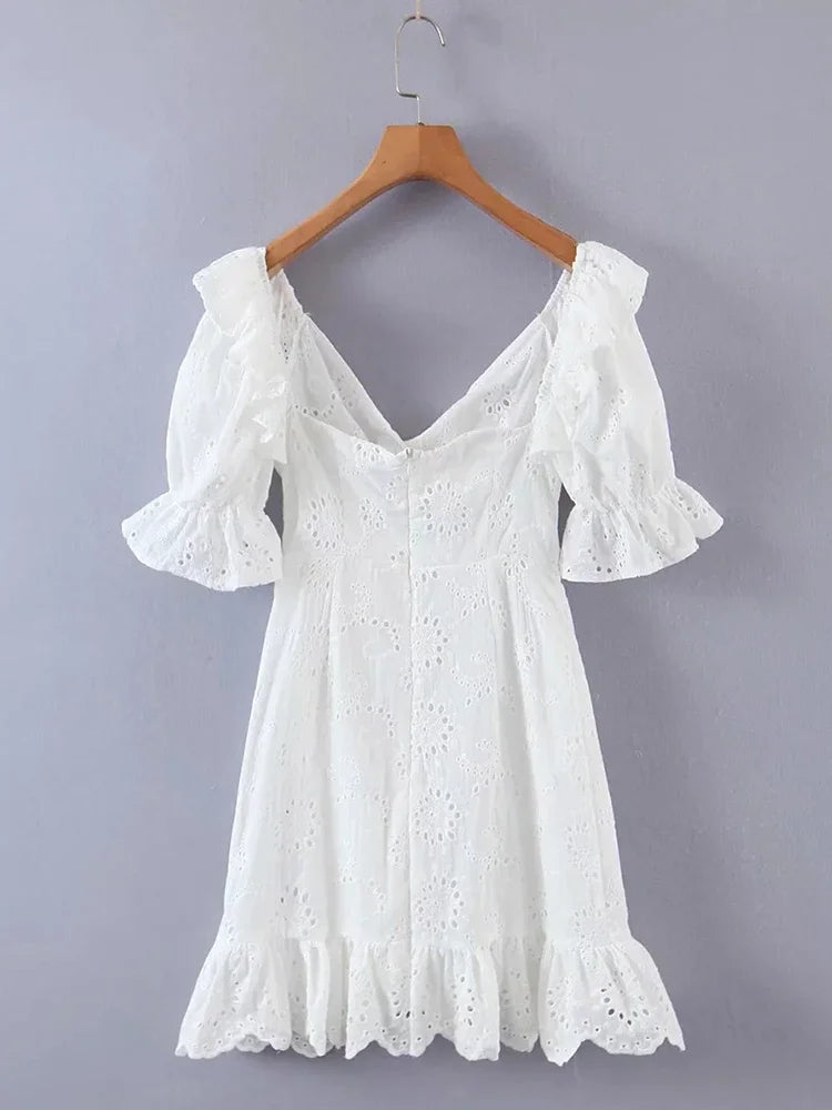 Foridol Ruffles Puff Sleeve White Lace Dress Flower Embriodery Hollow Out Cotton Beach Dress Women Backless Party Mini Dress