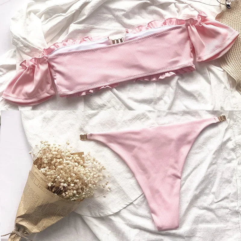 Floral Print Off Shoulder Bikini 2025 High Cut Swimsuit Women Female Brazilian Swimwear Two pieces Bikini set Bathing Suit Swim