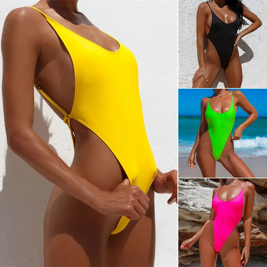 2026 Fluorescent Green One Piece Swimsuit for Women,solid Color,thong Backless Bikini,U-neck Suspender Swimwear,Adjustable Strap