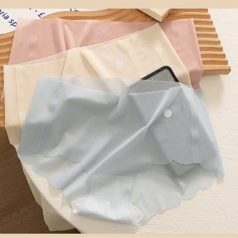 4Pcs/Set Women Low Rise Ice Silk Brief Underwear Sheer Cooling Panties Scalloped Edge Low Waist Daily Underpants Intimates M-XL
