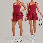 Naked Fake Two Piece Tennis Dresses with Pocket Bottom Women Back Hollow Out Pleate Skirts Outwear Square Collar Golf Yoga Dress