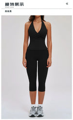 2PCS Workout Set Women Yoga Sets V Neck Cross Slim Sports Tank Top Athletic Wear Outdoor Tight High Waist Leggings Fitness Suits