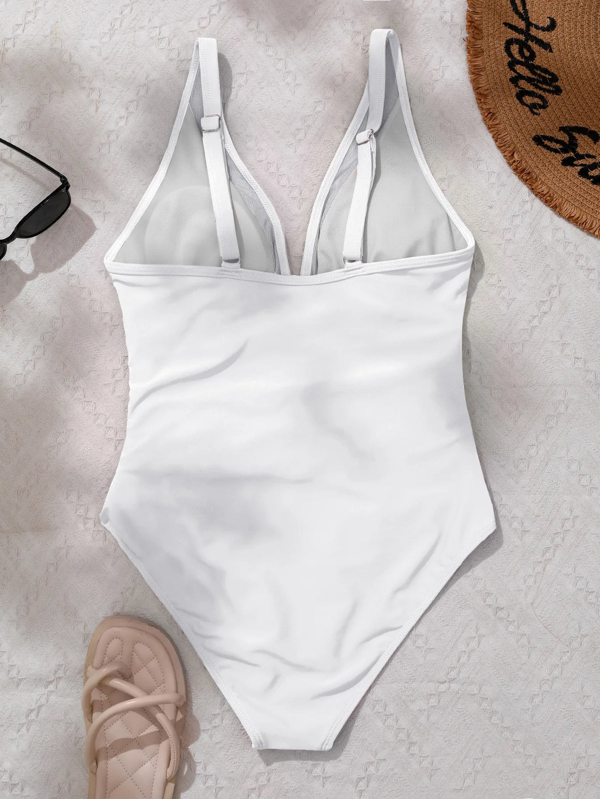 Solid Color One Piece Bikini for Women,sexy Deep-V Neck Suspender Backless Swimsuit,high Waist Translucent Striped Mesh Swimwear