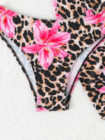New Leopard 3 Pieces Push Up Bandeau Bikini Set Swimsuit Women Swimwear with Mesh Beach Sarong Skirts Floral Print Bathing Suit
