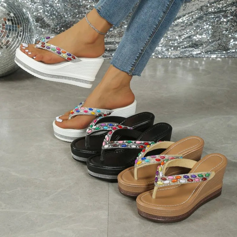 Colorful Pearls Wedge Flip Flops for Women Fashion Crystal Chunky Platform Sandals Woman Summer 2026 Thick Bottom Beach Slippers
