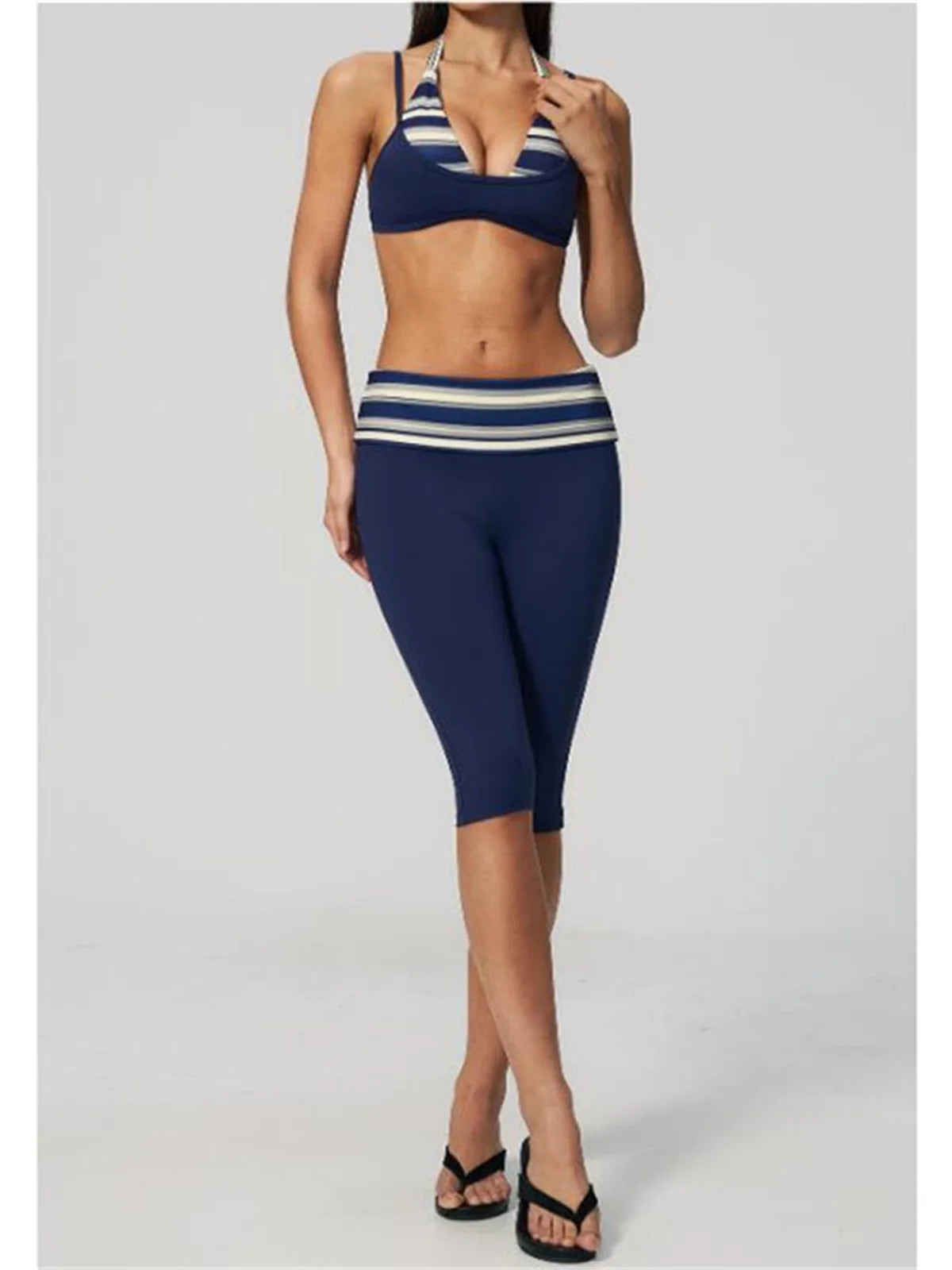 Summer Polka Dot Yoga Sets Women Hanging Neck Shockproof Sports Bra Fitness Suit Folding High Waist Mid Pants Gym Tracksuit