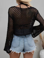 Mesh Crochet Beach Shirt Women Solid Cover Up Ladies Long Sleeve Tops 2026 Sexy Beachwear Bathers Swim Bathing Suit
