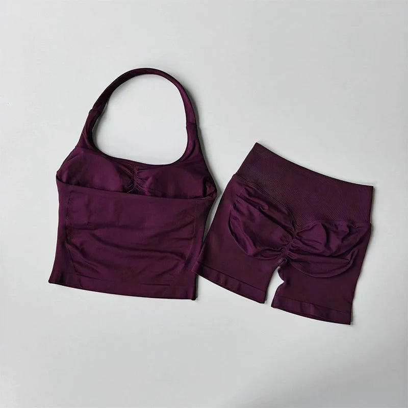 Yoga 2 Pieces Gym Set Women Backless Halter Tops High Waist Seamless Shorts Gym Suit Fitness Sports Bras Sportswear Workout Sets