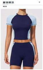Summer New Yoga Sets Women Breathable Contrasting Color Short Sleeve Slim Sports T Shirts Training Running Shorts Fitness Suit