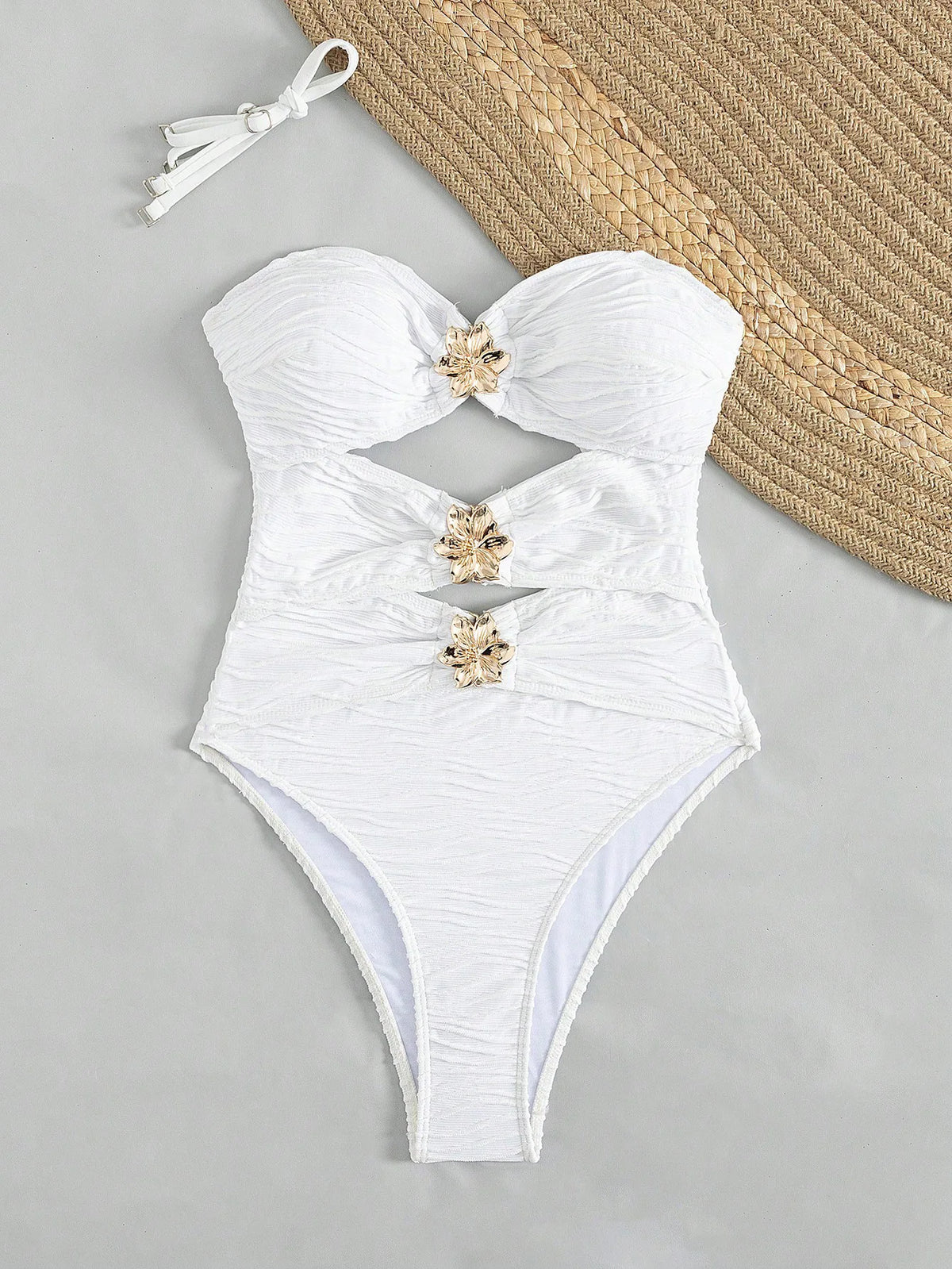 Sexy White Bandeau One Piece Swimsuit 2026 Women Metal 3D Flower Hollow Out Pleate Monokini summer Bathing Suit Holiday Swimwear
