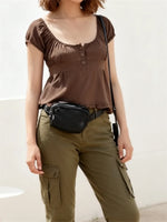 Summer Women Short Sleeve T-shirt Solid Color Low-necked Pleated Hem Casual Tops Y2K Retro Shirts