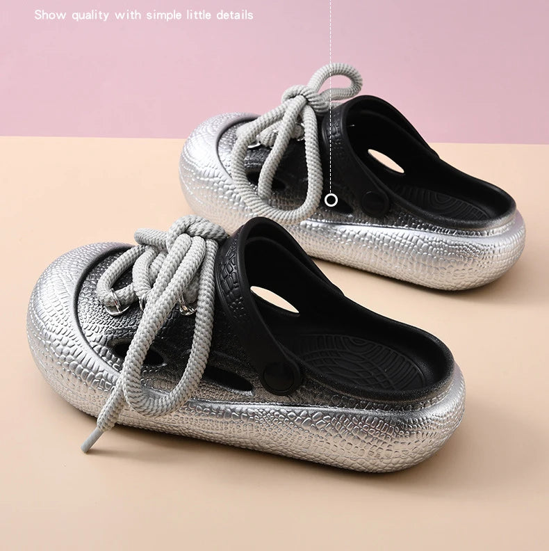 Plus Size Summer Platform Sandals For Women Men Home Street Garden Shoes Lace-up Style Silver Gold Clogs Couples Beach Slippers