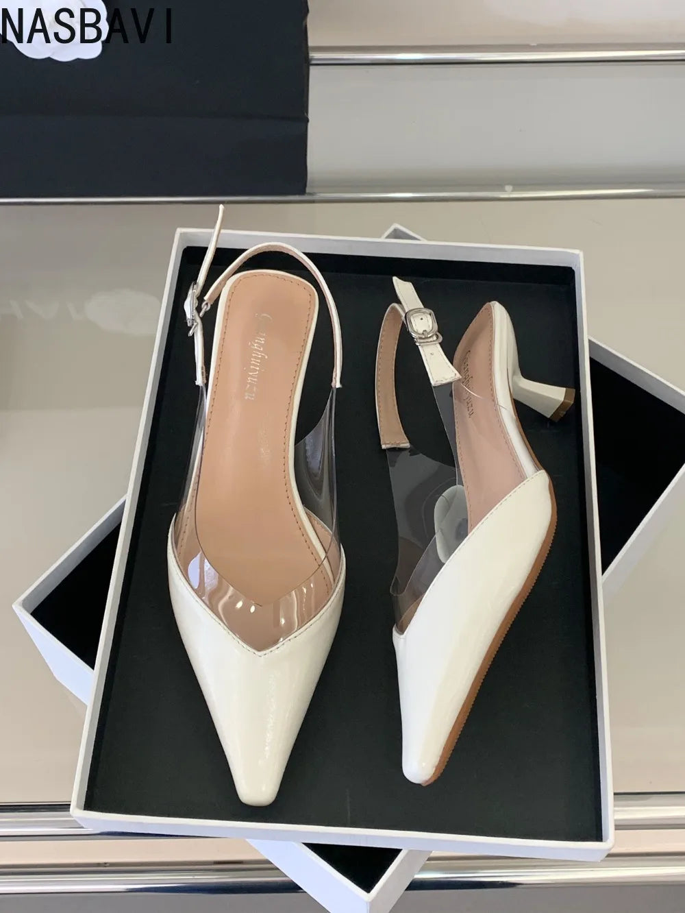 Women's Heart Clear Elegant Sandals Pointed Toe Transparent White French Buckle Strap New Summer 2026 Party Mules Dress Shoes