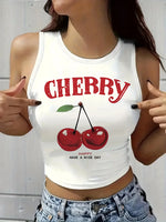 Vintage Happy Cherry Printed Crop Top Vest Women's Print Tank Top Round Neck Sleeveless Shirt Cropped T-shirt Sexy