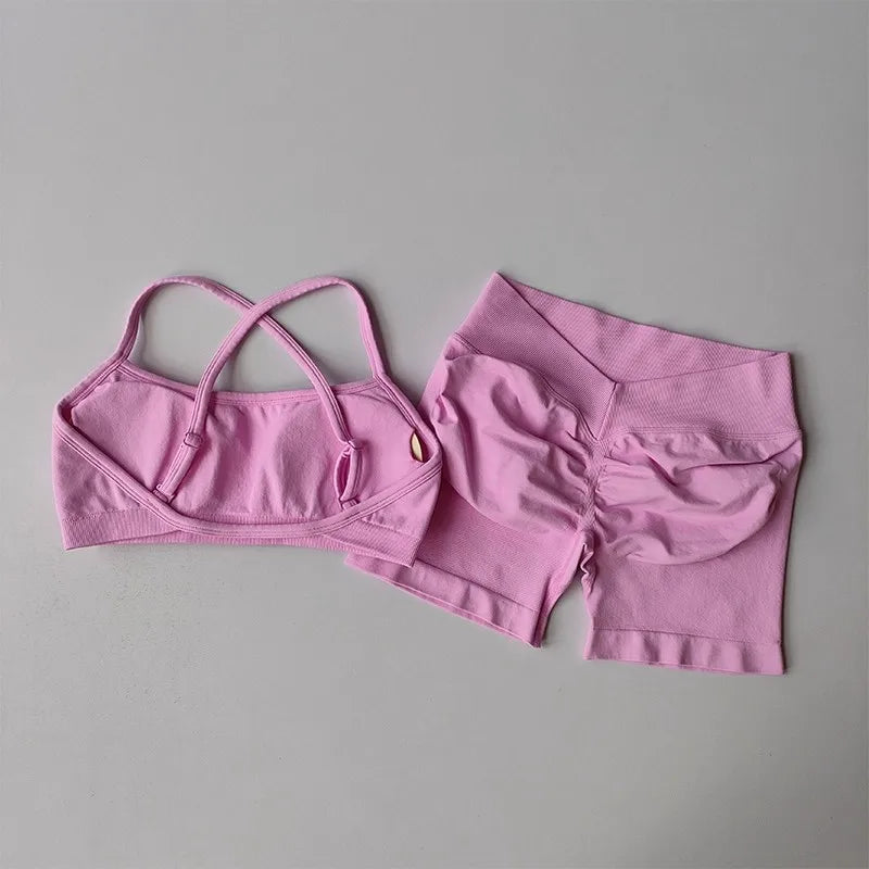 Seamless 2PCS Leggings Set Women Seamless Yoga Set High Waist Scrunch Butt Shorts With Halter Sports Bras Workout Gym Suit Set