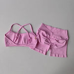 Seamless 2PCS Leggings Set Women Seamless Yoga Set High Waist Scrunch Butt Shorts With Halter Sports Bras Workout Gym Suit Set