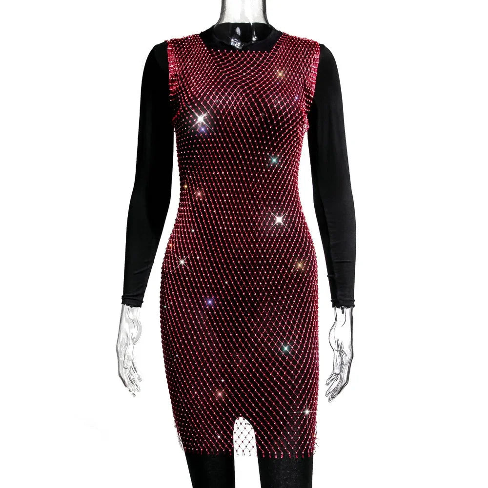 XS-2XL 15 Colors Rhinestones Fishnet Dress O-Neck Grid Swimsuit Bikini Cover Up Beach Pool Party Cover-ups for Swimwear Women