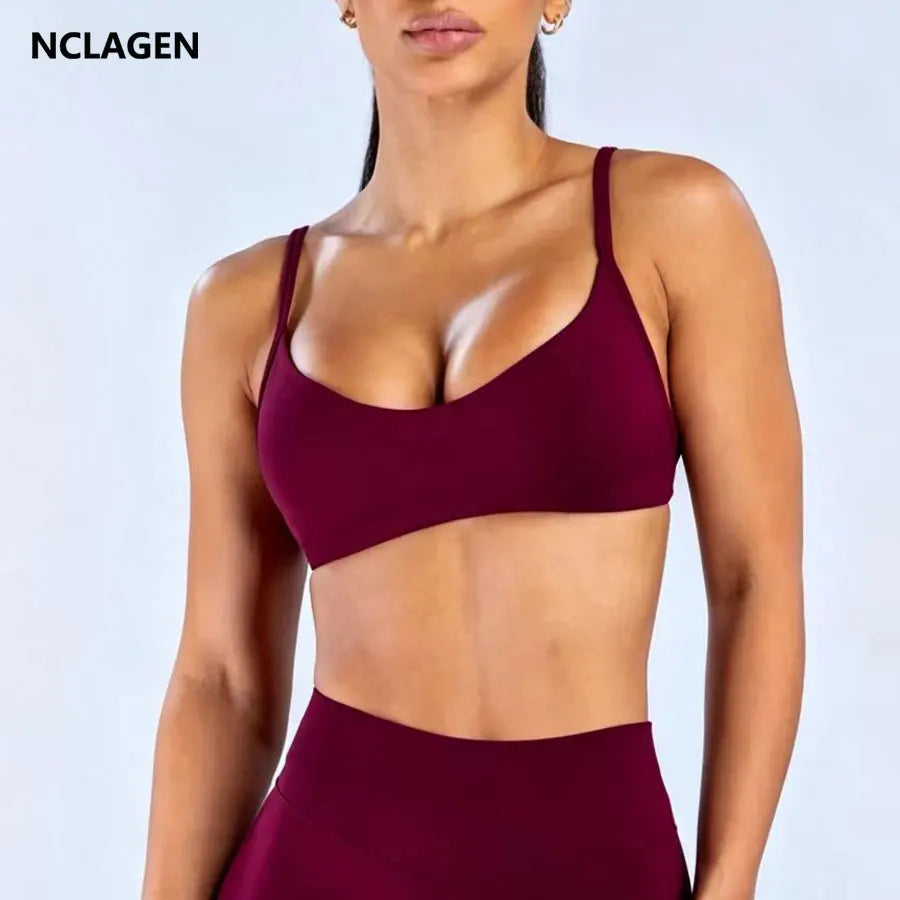 NCLAGEN Scoop Neck Bra High Support Thin Strap Seamless Pilates Yoga Underwear Push-up Gym Clothes Workout Running Fitness Top