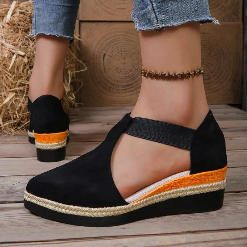 Women Closed Toe Wedge Sandals Summer Fashion Solid Color Pointed Elastic Band Elegant Comfortable Sandals for Women