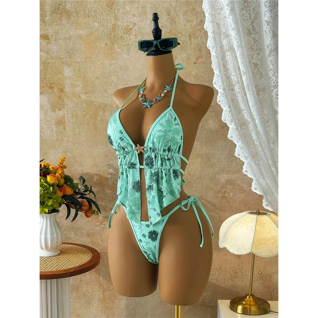 Glitter Sequin Printed Tankini Halter Bikini Women Swimwear Female Swimsuit Two-pieces Bikini set Bather Bathing Suit Swim V8067