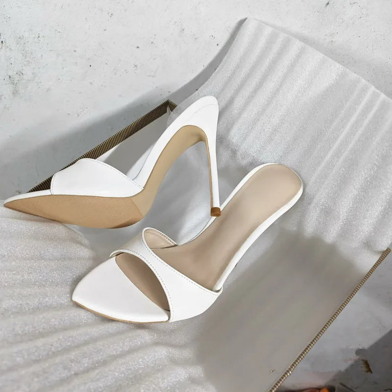 Women's White Faux Leather Pointed Toe Stiletto Mules - Slip-On High Heel Sandals for Summer, Party & Daily Wear