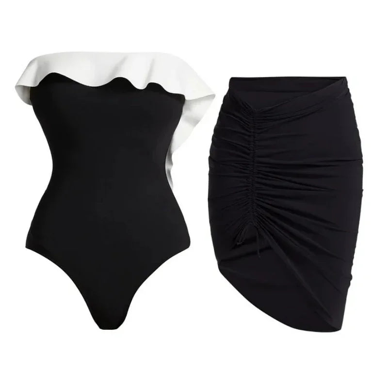 Women's Sexy One Piece Swimsuit Set with Cover up Push-Up Strapless Print Bathing Suit Summer Beachwear Beach Swimwear