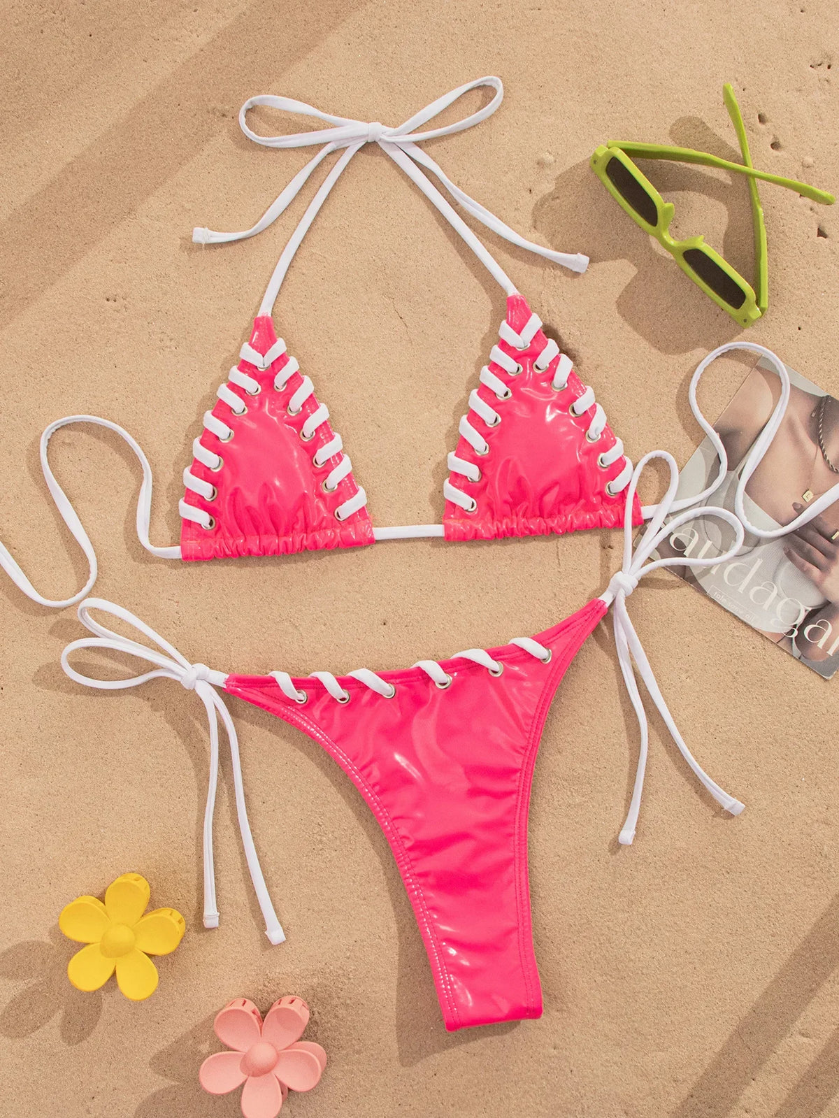 Sexy Pink Contrast Micro Bikini 2026 Mujer Women Braiding Rope Bandage Push Up Bra Triangle Swimsuit Beach Bathing Suit Swimwear