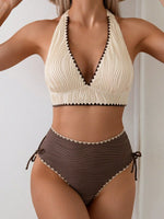2026 Sexy Khaki Patchwork Two Piece Bikini Set Women Push Up Drawstring Side High Waist Swimsuit Holiday Bathing Suit Swimwear