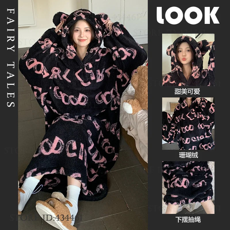 Thicken Flannel Cartoon Female Long Robe Hooded Nightgown Autumn Winter Sleepwear Home Clothes Loose Coral Fleece Warm Nightwear