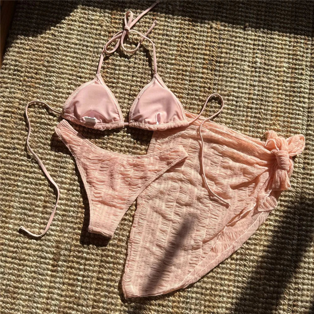 Yellow Micro Thong 3 Piece Bikini Set Damen Mesh Cover Up String Halter Swimwear Sexy Swimsuit Women 2025 Bathing Suit Bikinis