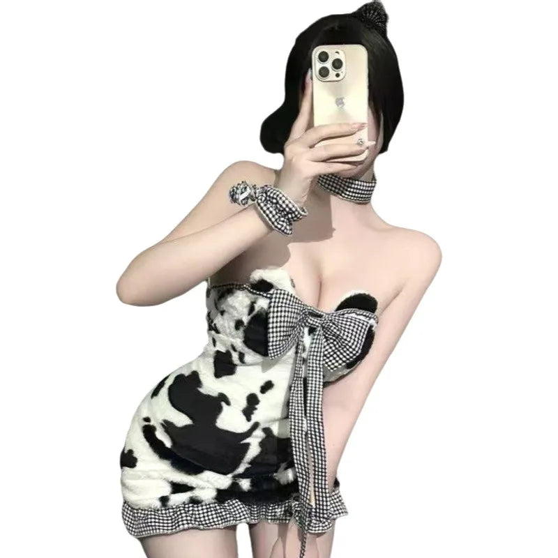 Black And White Cow Sexy Dress Cute Pure Desire Role-Play Nightdress Off-the-shoulder Charming Mini Dress For Woman Elegant FGG3