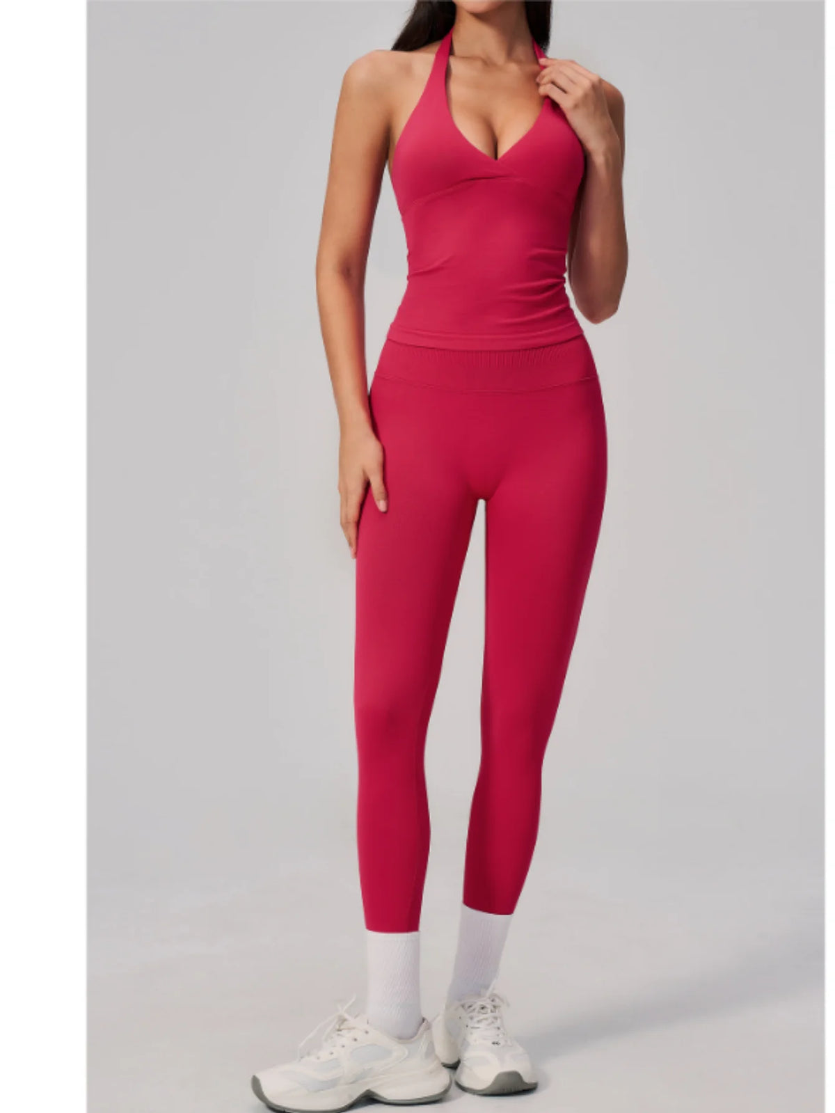 Summer Seamless Yoga Sets Women V Neck Slim Sports Tank Top Fitness Suit Peach Hip High Elasticity Leggings Running Tracksuit