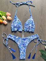 Sexy Flowers Printed Halter Brazilian Bikini Female Swimsuit Women Swimwear Two-Pieces Bikini Set Bather Bathing Suit Swim V6070