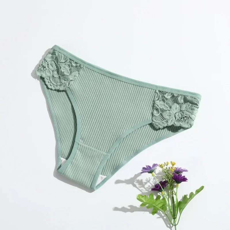 4Pcs/Set Cotton Panties Women Low Rise Briefs Breathable Underwear Solid Color Lace Trims Panty Female Underpants Sexy Lingerie