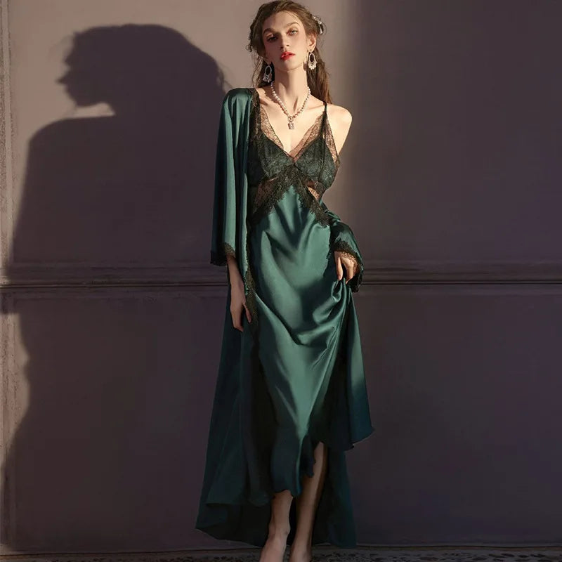 Sexy Lace Long Nighty&robe Set Spring Summer New Sleepwear Female Suspender Nightgown Silk Satin Bathrobe Kimono Gown Home Dress