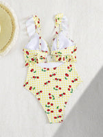 Vintage Pink Starberry Print One Piece Swimsuit 2026 Women Ruffles Bandage Cross High Waist Bikini Beach Bathing Suit Swimwear