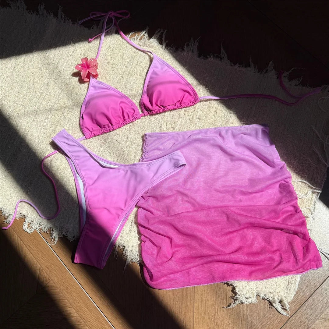 With Skirt Gradient Halter Bikini Female Swimsuit Women Swimwear Three-Pieces Bikini Set Padded Bather Bathing Suit Swim V7044