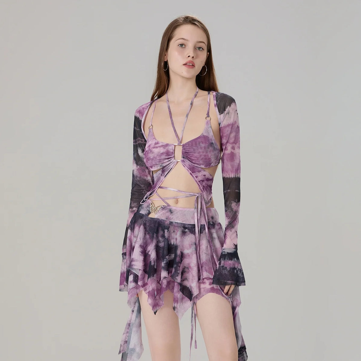 Women 3 Piece Sets Long Sleeve Shrug + Halter Tank Top + Irregular Pleated Skirts Y2K Aesthetic Gothic Sexy Streetwear